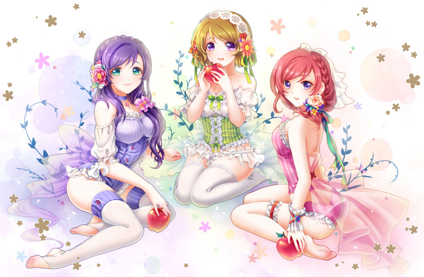 3girls, apple, barefoot, bow, breasts, brown_hair, choker, cleavage
