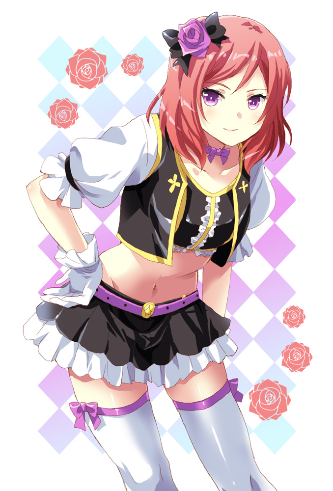 1girl, belt, black_bow, black_skirt, bow, choker, collarbone, flower, gloves, groin, hair_bow, hair_flower, hair_ornament, hand_on_hip, leaning_forward, long_hair, looking_at_viewer, love_live!, love_live!_school_idol_project, midriff, mikecha, miniskirt, navel, nishikino_maki, no_brand_girls, purple_flower, purple_ribbon, redhead, ribbon, ribbon_choker, shiny, shiny_clothes, simple_background, skirt, smile, solo, stomach, thigh-highs, violet_eyes, white_background, white_gloves, white_legwear, zettai_ryouiki