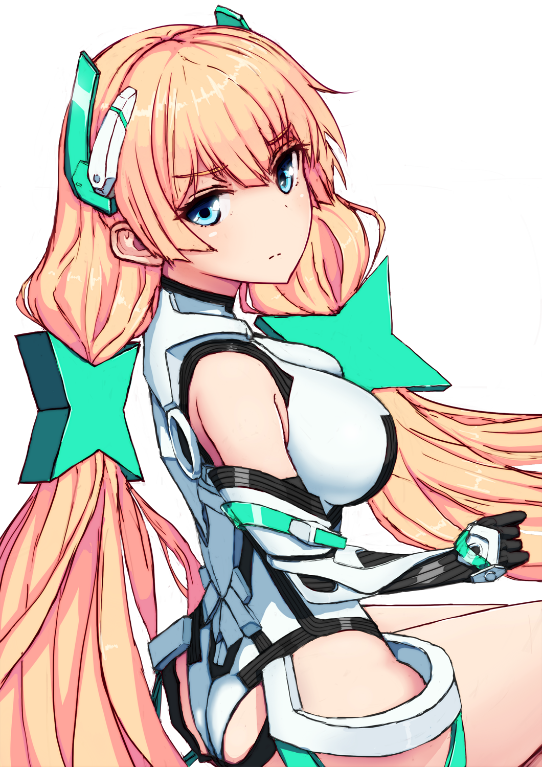 1girl, angela_balzac, ass, black_gloves, blonde_hair, blue_eyes, blush, breasts