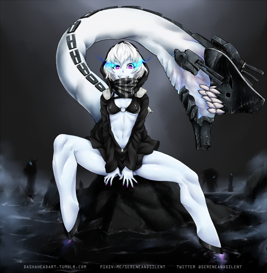 1girl, bikini, bikini_top, black_bikini, erect_nipples, glowing, glowing_eyes, grin, highres, hood, hooded_jacket, hoofs, jacket, kantai_collection, legs, looking_at_viewer, navel, o-ring_top, pale_skin, re-class_battleship, sereneandsilent, sharp_teeth, shinkaisei-kan, short_hair, sitting, smile, solo, spread_legs, swimsuit, teeth, violet_eyes, watermark, web_address, white_skin