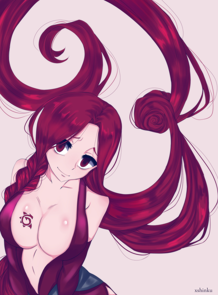 1girl, absurdres, bare_shoulders, breast_tattoo, breasts, cleavage, dress, eyes