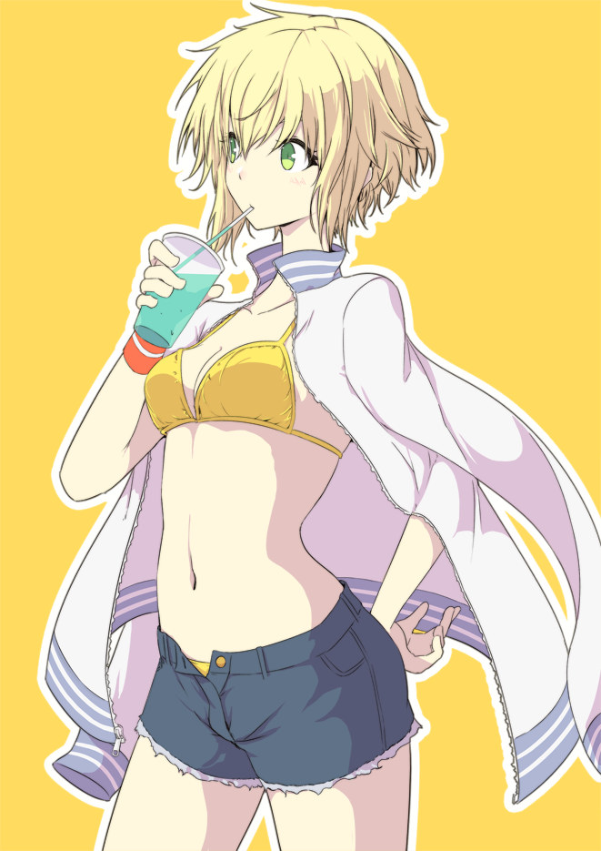 1girl, bangs, bikini, blonde_hair, blush, breasts, cleavage, closed_mouth