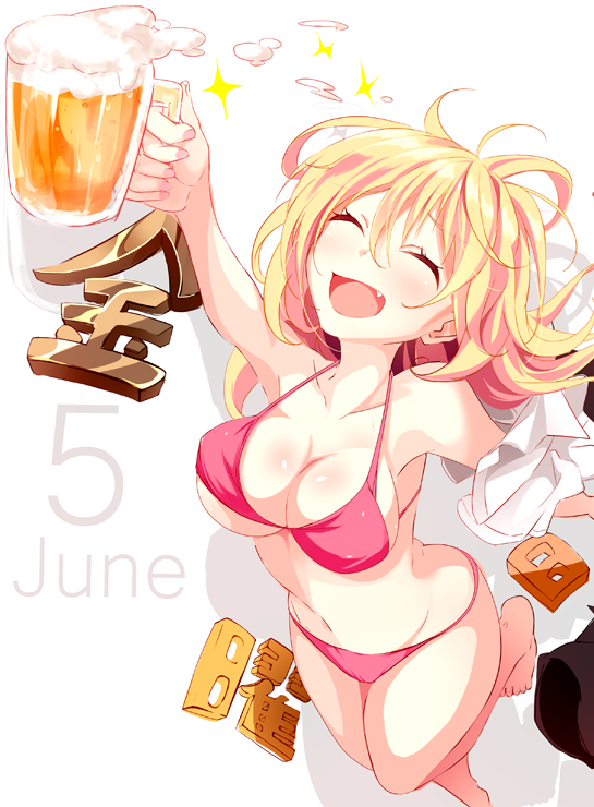1girl, 5, alcohol, beer, beer_mug, bikini, blonde_hair, breasts