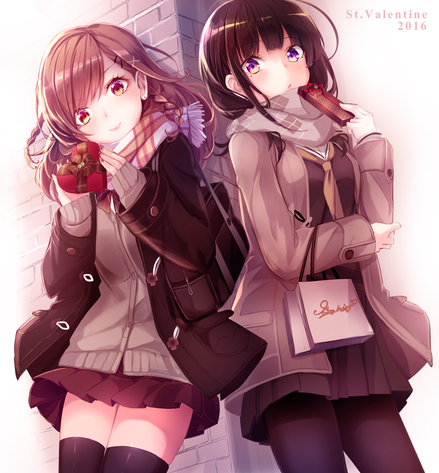 2girls, argyle, argyle_scarf, bag, bangs, black_legwear, black_skirt, blush, braid, brown_eyes, brown_hair, brown_neckerchief, brown_scarf, cardigan, closed_mouth, coat, duffel_coat, enpera, eyebrows_visible_through_hair, gift, grey_scarf, hair_ornament, haruka_natsuki, heart, heart-shaped_pupils, holding, holding_bag, holding_gift, jacket, long_hair, looking_at_viewer, miniskirt, multiple_girls, neckerchief, open_clothes, open_coat, open_jacket, original, outdoors, pantyhose, parted_lips, plaid, plaid_scarf, pleated_skirt, scarf, school_uniform, serafuku, shopping_bag, side_braid, skirt, smile, symbol-shaped_pupils, thigh-highs, thighs, valentine, violet_eyes, x_hair_ornament, zettai_ryouiki