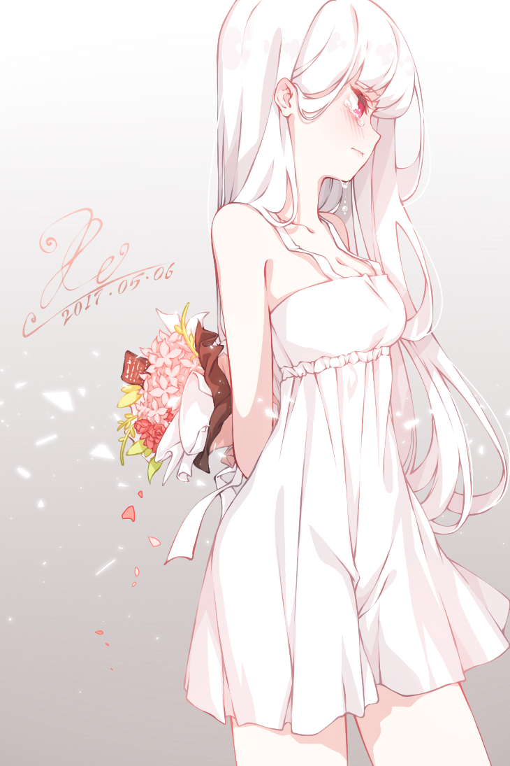 1girl, albino, arms_behind_back, artist_name, bangs, bare_shoulders, blush, bouquet