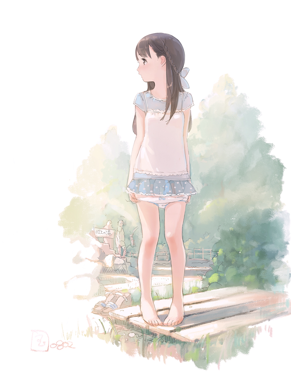 1girl, bangs, barefoot, blue_shirt, blue_skirt, blush, bow, bow_panties