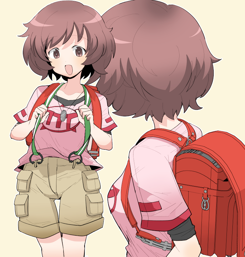 akiyama_yukari, backpack, bag, bangs, brown_eyes, brown_hair, brown_shorts, cargo_shorts