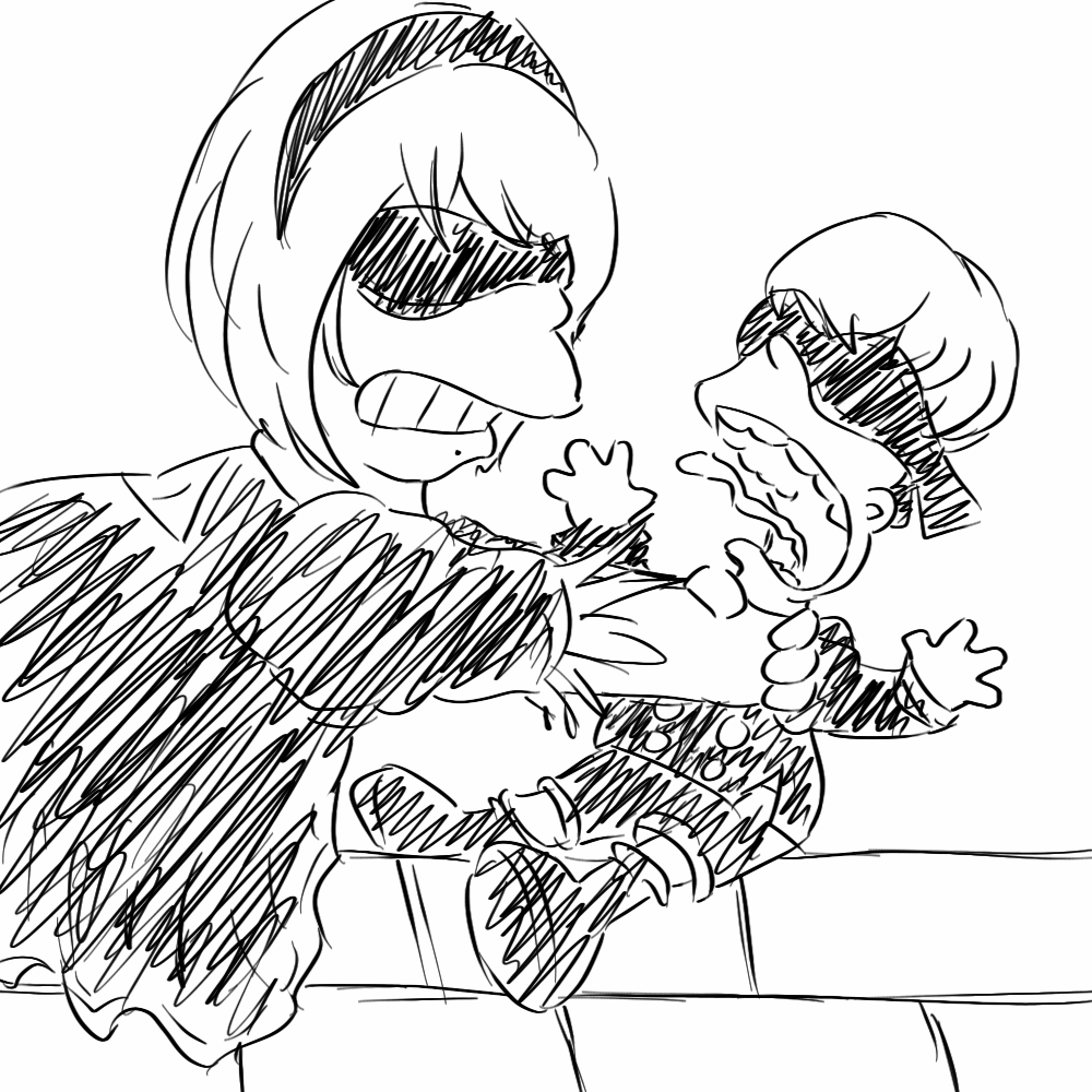 black_dress, blindfold, covered_eyes, dress, gudtn456, matt_groening_(style), nier_(series), nier_automata, sketch, strangling, the_simpsons, yorha_no._2_type_b, yorha_no._9_type_s