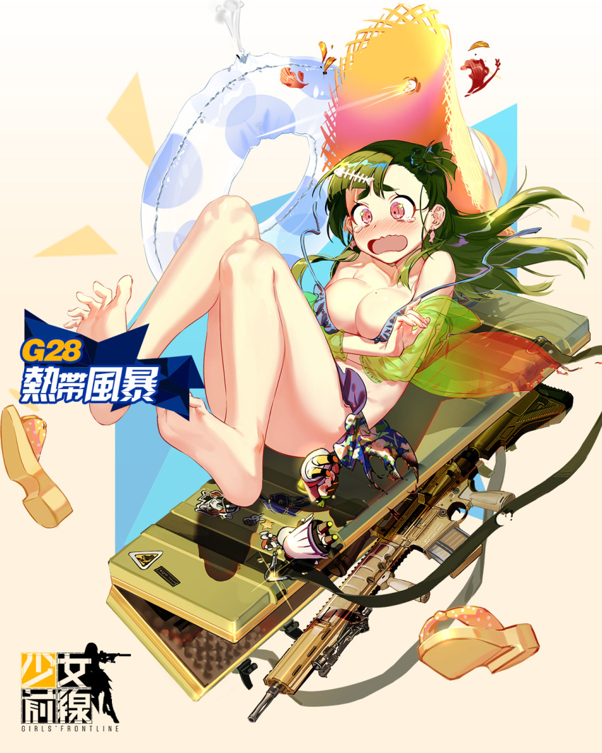 1girl, ar-10, assault_rifle, bare_legs, barefoot, battle_rifle, bikini, blush