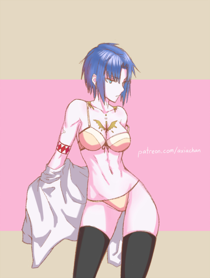 1girl, black_legwear, blue_eyes, blue_hair, bra, breasts, ciel, contrapposto