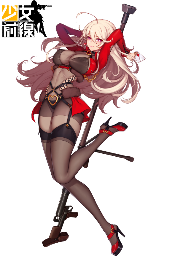 1girl, ahoge, anti-materiel_rifle, black_bra, black_legwear, black_panties, blonde_hair, bodysuit