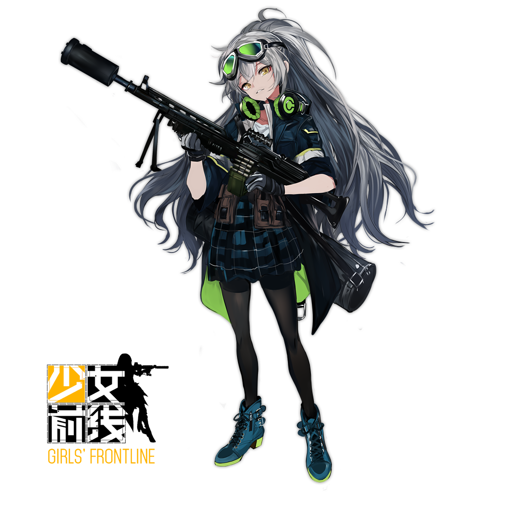1girl, aek-999, aek-999_(girls_frontline), bag, bipod, blue_shoes, blue_skirt, copyright_name