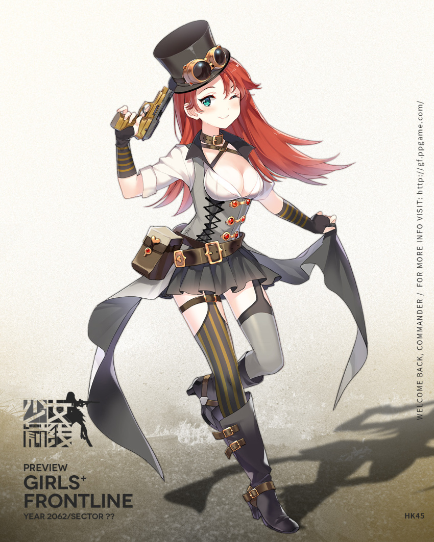 1girl, ;), aqua_eyes, asymmetrical_legwear, black_boots, black_gloves, black_hat, black_skirt