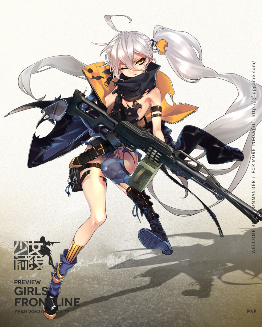 1girl, ahoge, blue_legwear, boots, character_name, copyright_name, full_body, girls_frontline
