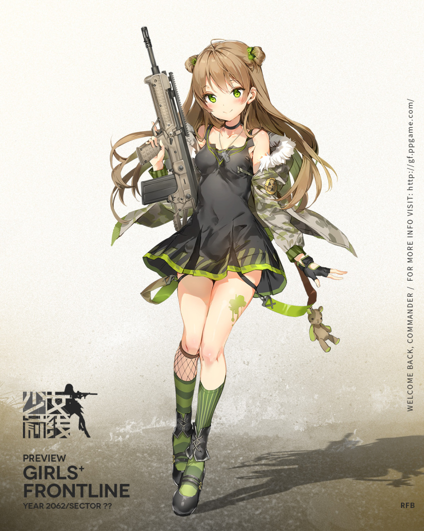 1girl, :>, ankle_cuffs, anmi, assault_rifle, black_dress, black_gloves, blush, bow, breasts, brown_hair, bullpup, choker, dog_tags, double_bun, dress, fingerless_gloves, fur_trim, girls_frontline, glint, gloves, green_eyes, gun, hair_bow, highres, jacket, kel-tec, kel-tec_rfb, long_hair, mary_janes, off_shoulder, official_art, rfb_(girls_frontline), rifle, shoes, single_glove, small_breasts, smile, socks, solo, striped, striped_legwear, thigh_strap, trigger_discipline, vertical-striped_legwear, vertical_stripes, weapon