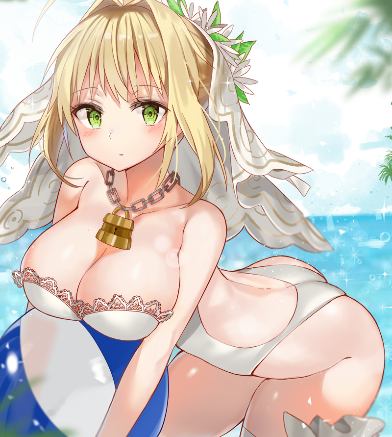 ahoge, arched_back, ass, ball, bangs, beachball, blonde_hair, blue_sky