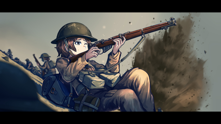 aiming, backpack, bag, brodie_helmet, brown_hair, erica_(naze1940), explosion, gun