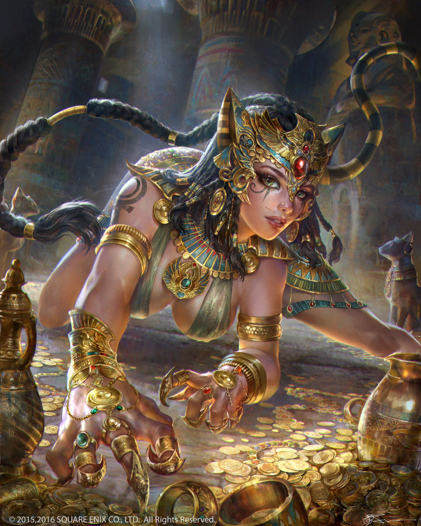 1girl, absurdres, all_fours, amulet, animal_ears, armband, armlet, bastet