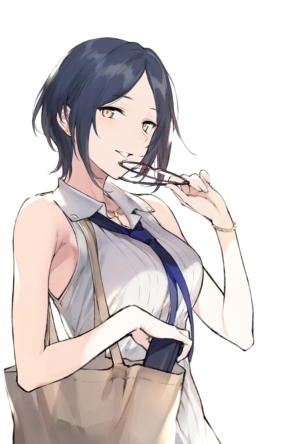 1girl, bag, bare_shoulders, bead_bracelet, beads, black-framed_eyewear, blue_hair, blue_necktie, brace, bracelet, breasts, collared_dress, dress, duoyuanjun, eyebrows_visible_through_hair, glasses, glasses_removed, handbag, hayami_kanade, highres, holding, holding_glasses, idolmaster, idolmaster_cinderella_girls, jewelry, looking_at_viewer, medium_breasts, necktie, over-rim_glasses, parted_lips, semi-rimless_glasses, short_hair, sidelocks, simple_background, sleeveless, sleeveless_dress, smile, solo, teeth, upper_body, white_background, white_dress, yellow_eyes