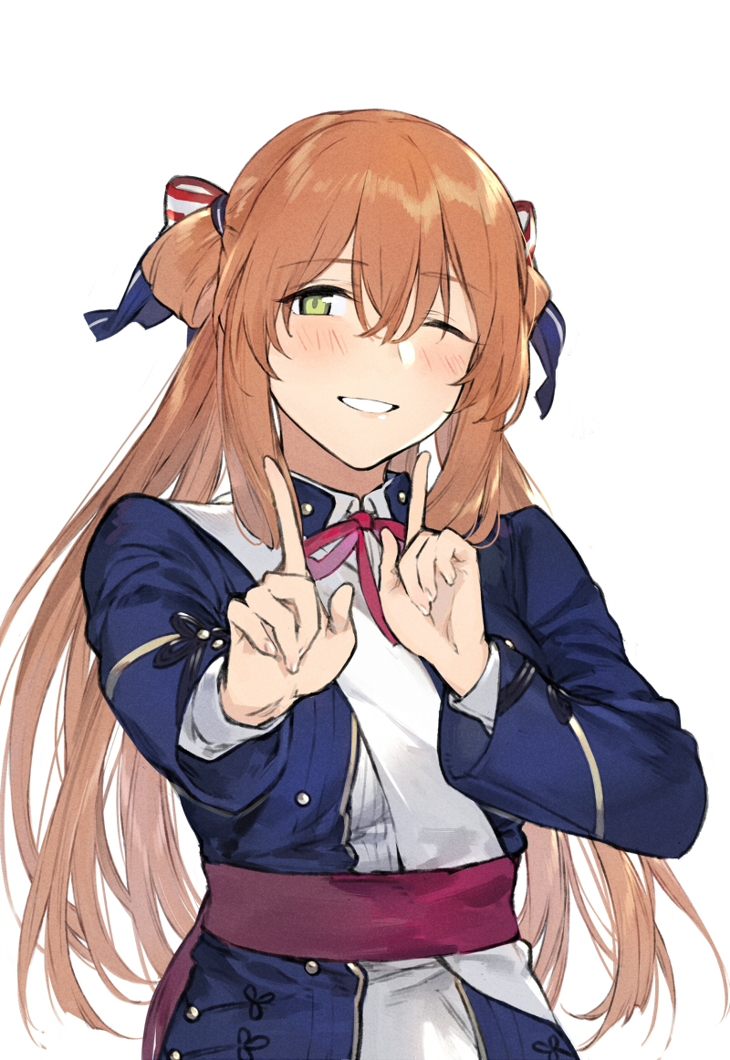 1girl, ;d, alternate_hairstyle, blush, brown_hair, duoyuanjun, eyebrows, eyebrows_visible_through_hair
