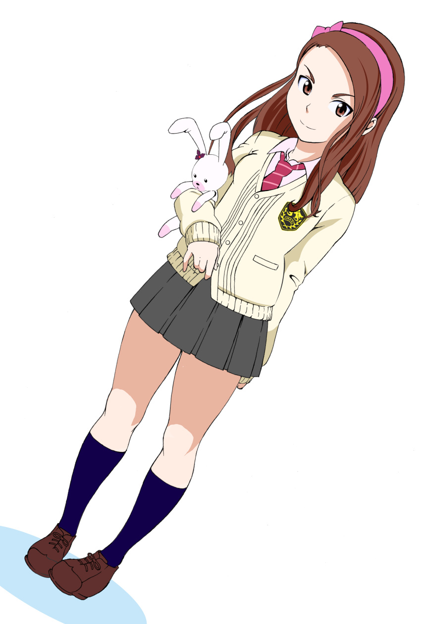 >:), 1girl, absurdres, black_skirt, blue_legwear, breasts, brown_eyes, brown_hair