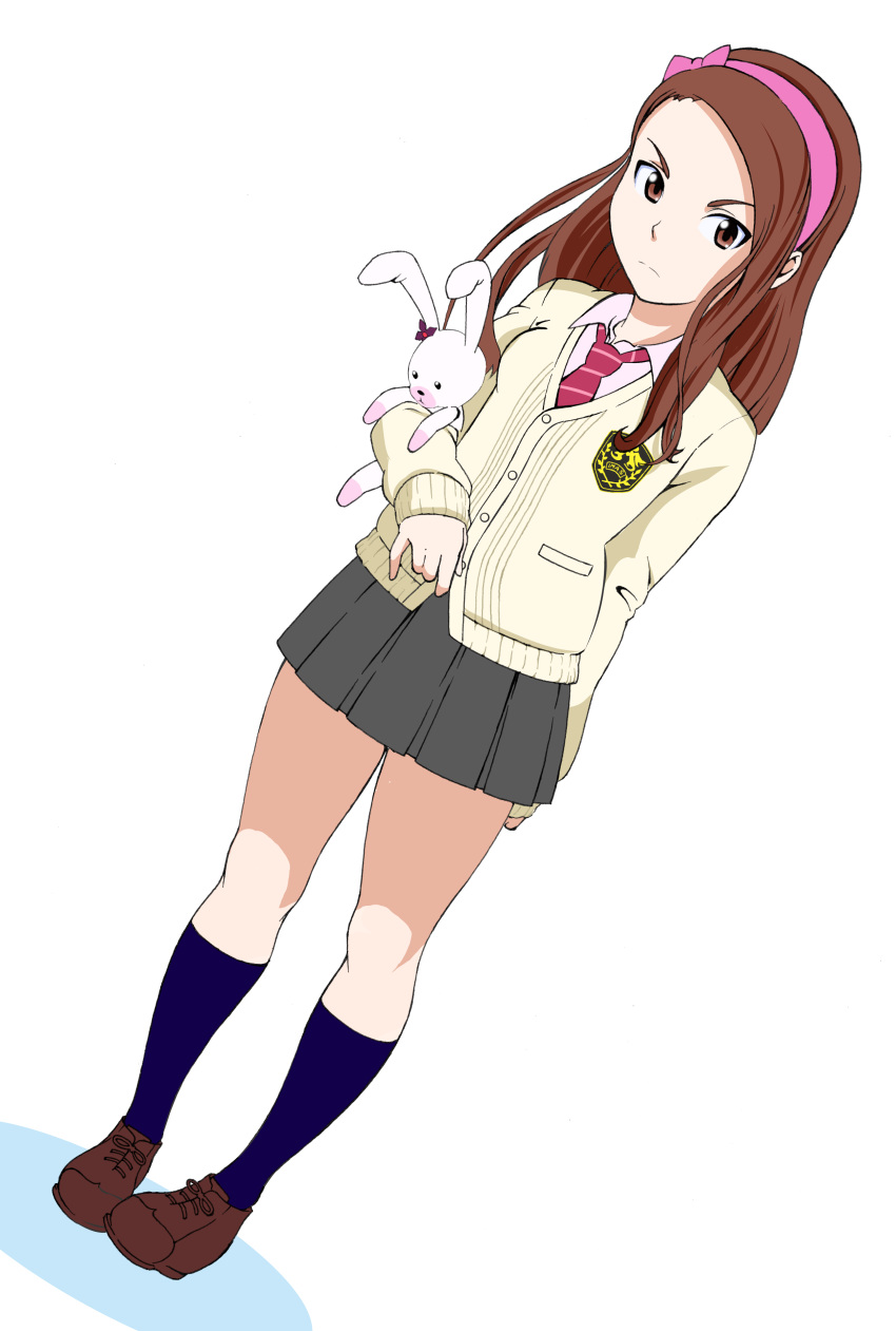 >:(, 1girl, absurdres, black_skirt, blue_legwear, breasts, brown_eyes, brown_hair