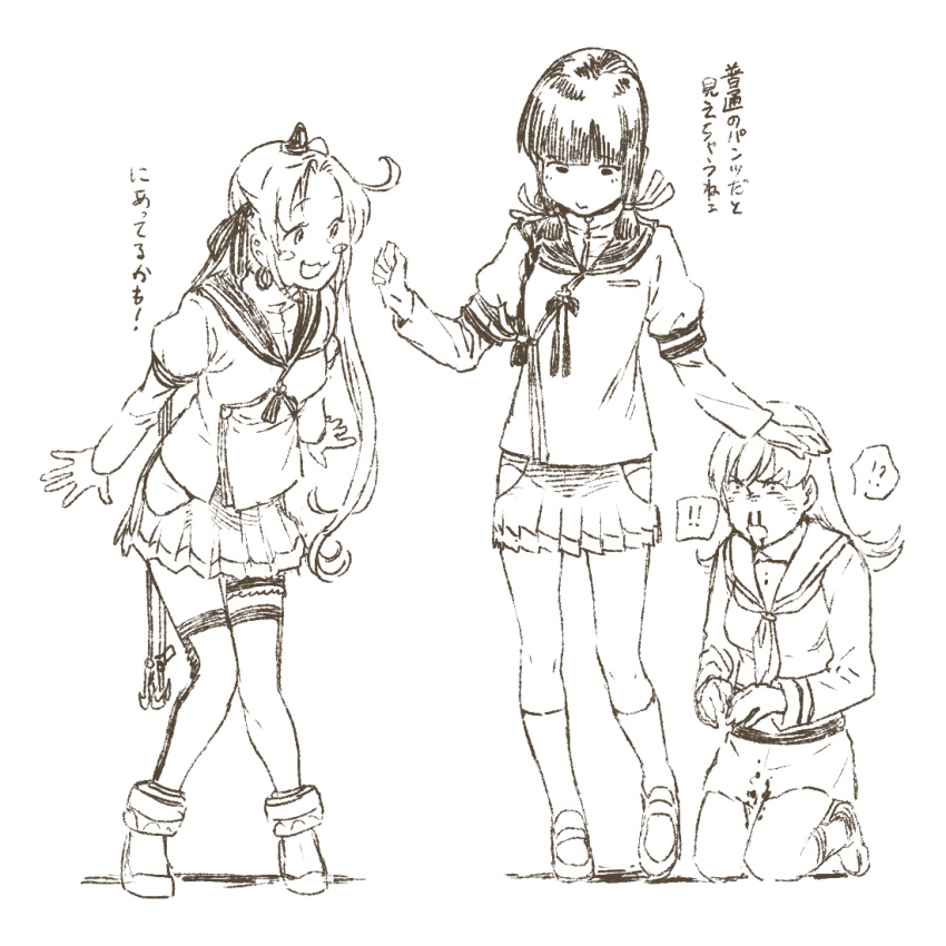 !!, !?, 3girls, :3, :d, akashi_(kantai_collection), akashi_(kantai_collection)_(cosplay), akitsushima_(kantai_collection), artist_request, blood, blush_stickers, cosplay, full_body, greyscale, hip_vent, kantai_collection, kitakami_(kantai_collection), kneeling, knees_together_feet_apart, long_hair, monochrome, multiple_girls, nosebleed, ooi_(kantai_collection), open_mouth, panties, pleated_skirt, sailor_collar, sailor_shirt, shirt, side_ponytail, simple_background, skirt, smile, standing, translation_request, underwear, white_background