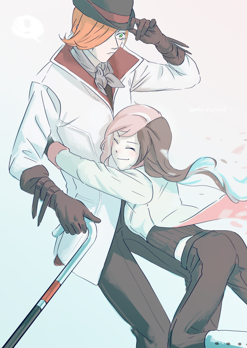 1boy, 1girl, absurdres, bowler_hat, brown_hair, cane, closed_eyes, glomp