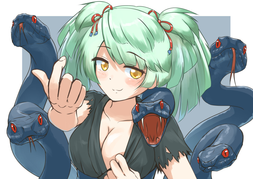 1girl, akatsuki_no_akatsuki, blush, bow, breasts, cleavage, fangs, green_hair