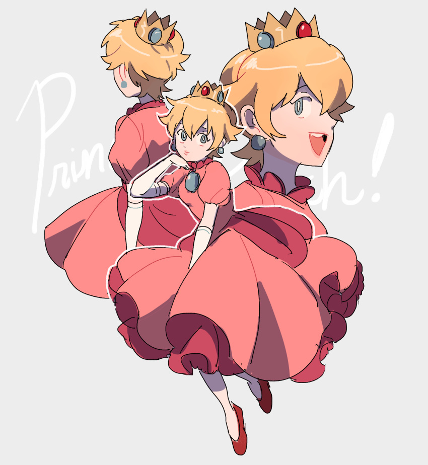 alternate_hair_length, alternate_hairstyle, bridal_gauntlets, crown, dress, glasses_enthusiast, highres, super_mario_bros., pink_dress, princess_peach, super_mario_bros.