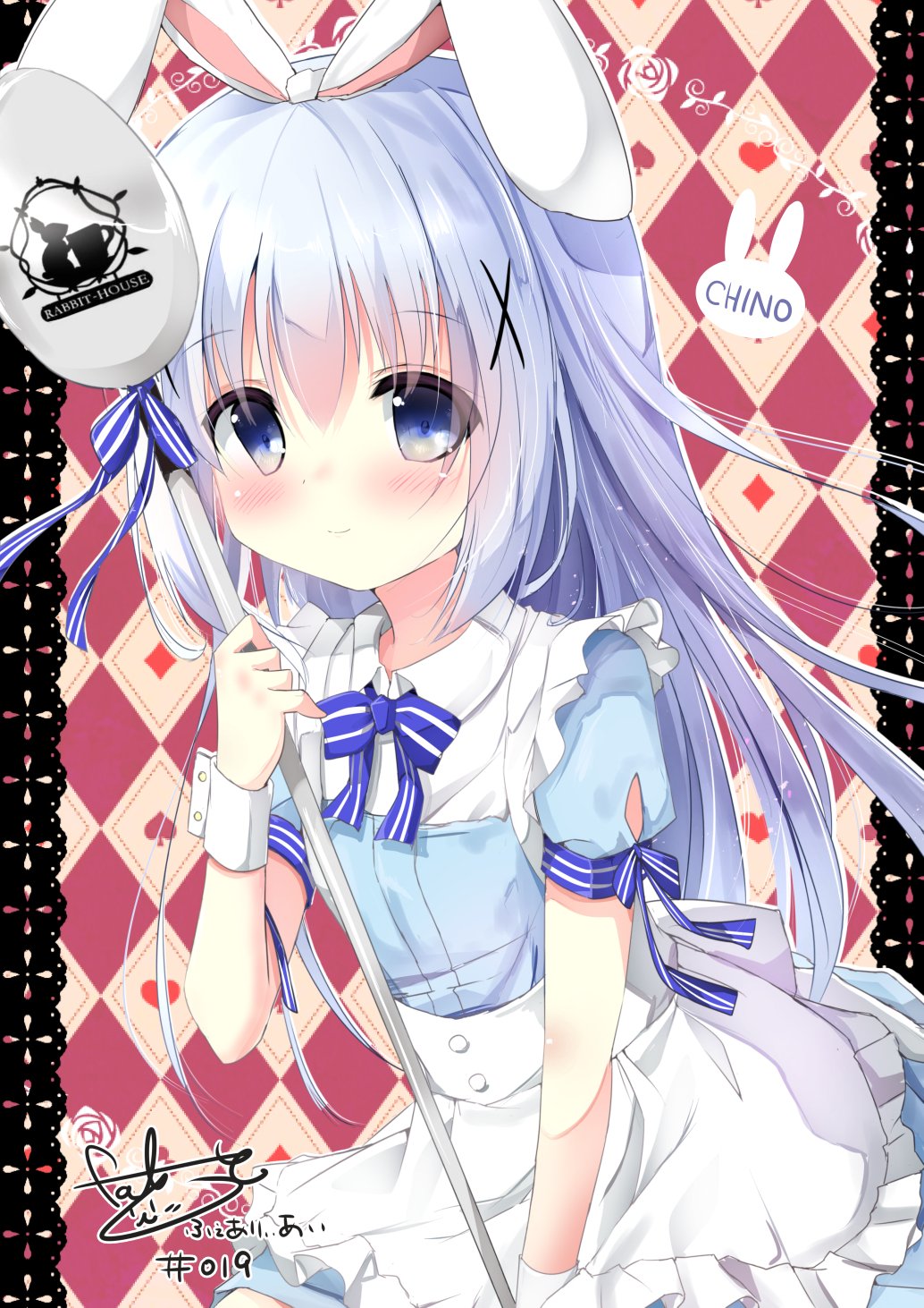 1girl, alternate_costume, animal_ears, apron, argyle, argyle_background, bangs, blue_bow