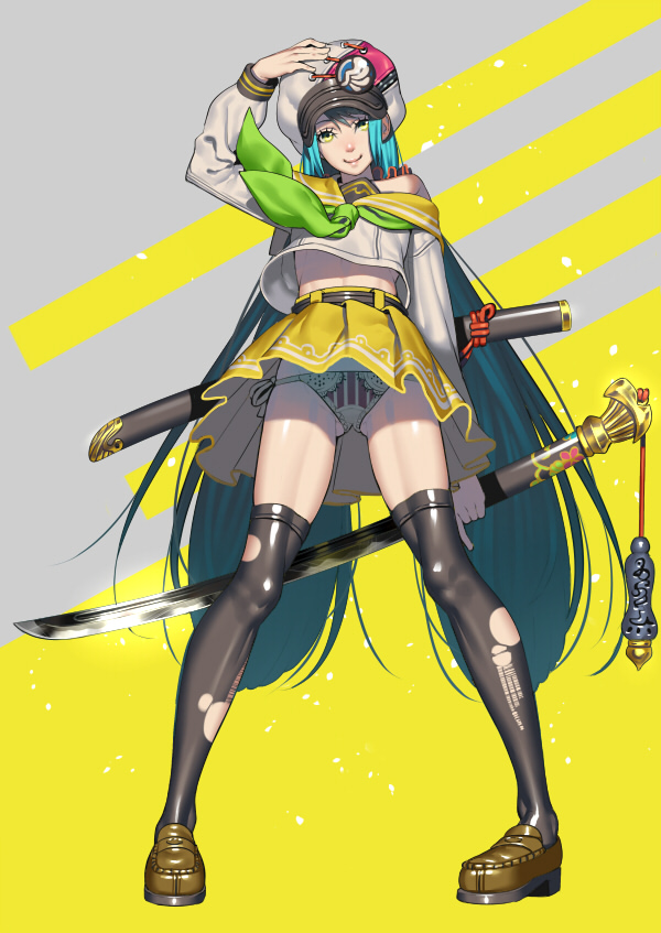 1girl, black_legwear, blue_hair, closed_mouth, full_body, gluteal_fold, hat, holding