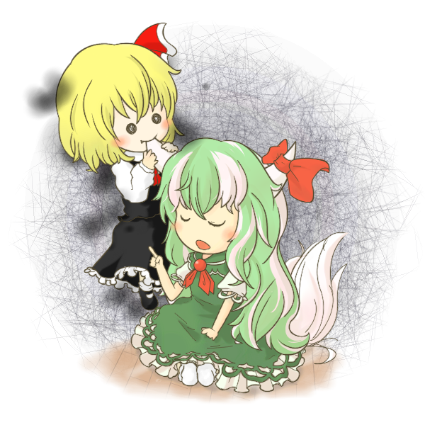 blush, bow, chibi, dress, eating, ex-keine, ex_keine, fang