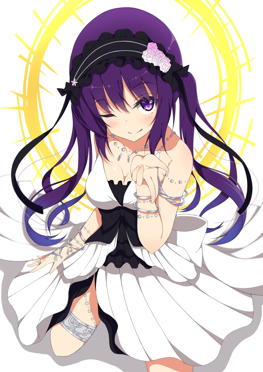 1girl, absurdres, bangs, bare_shoulders, black_hairband, blush, bracelet, breasts, cleavage, closed_mouth, collarbone, commentary, cosplay, dress, euryale, euryale_(cosplay), eyebrows_visible_through_hair, fate/hollow_ataraxia, fate_(series), from_above, gochuumon_wa_usagi_desu_ka?, hairband, highres, jewelry, kneeling, lolita_hairband, long_hair, looking_at_viewer, medium_breasts, mottsun_(i_40y), necklace, one_eye_closed, purple_hair, shadow, sleeveless, sleeveless_dress, smile, solo, tedeza_rize, trait_connection, twintails, two-tone_background, very_long_hair, violet_eyes, white_dress