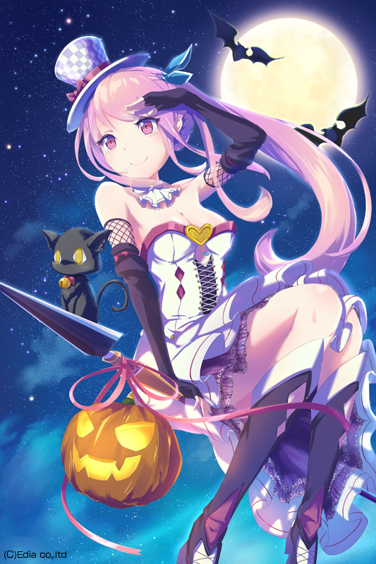 1girl, bare_shoulders, bat, black_boots, boots, bow, breasts, cat