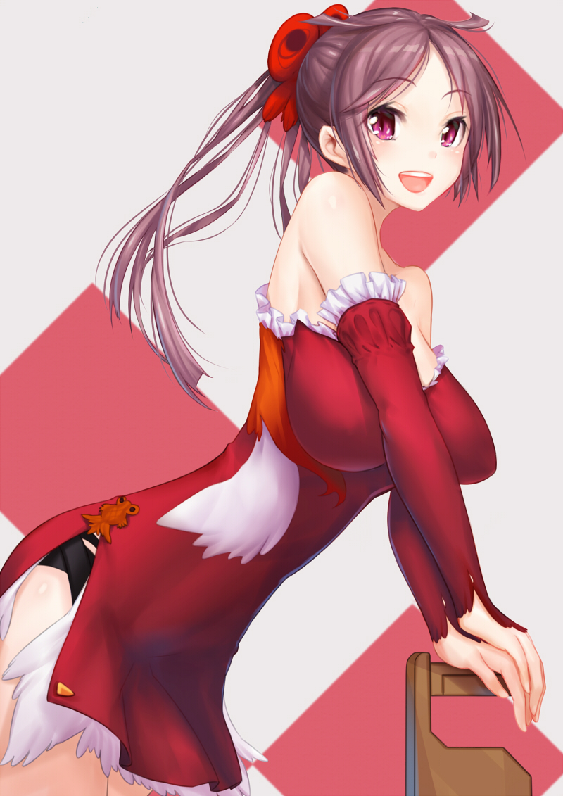 1girl, bare_shoulders, blush, bow, breasts, brown_hair, cleavage, eyebrows_visible_through_hair