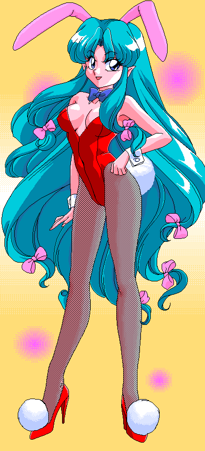 90s, animal_ears, aqua_hair, bare_shoulders, blue_eyes, bow, bowtie, breasts