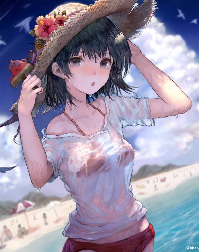 1girl, :o, beach, beach_umbrella, bikini, black_eyes, black_hair, blurry, clouds, commentary_request, day, depth_of_field, dutch_angle, flower, food, hands_up, hat, hat_flower, hibiscus, hisabosi, holding, looking_at_viewer, original, outdoors, popsicle, red_bikini, see-through, short_hair, short_sleeves, sky, solo, straw_hat, sun_hat, swimsuit, twitter_username, umbrella, upper_body, watermelon_bar, wet, wet_clothes