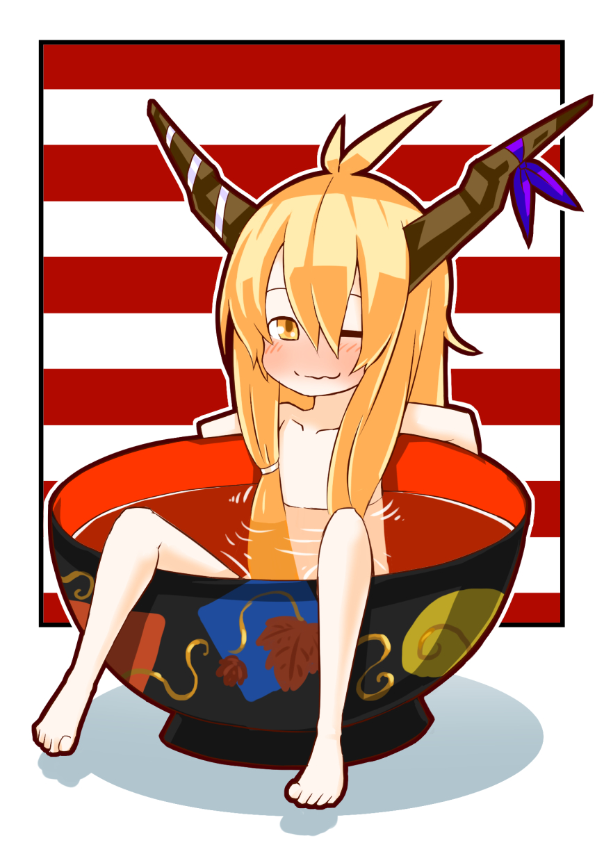 1girl, antenna_hair, bathing, blonde_hair, blush, bowl, highres, horn_ribbon