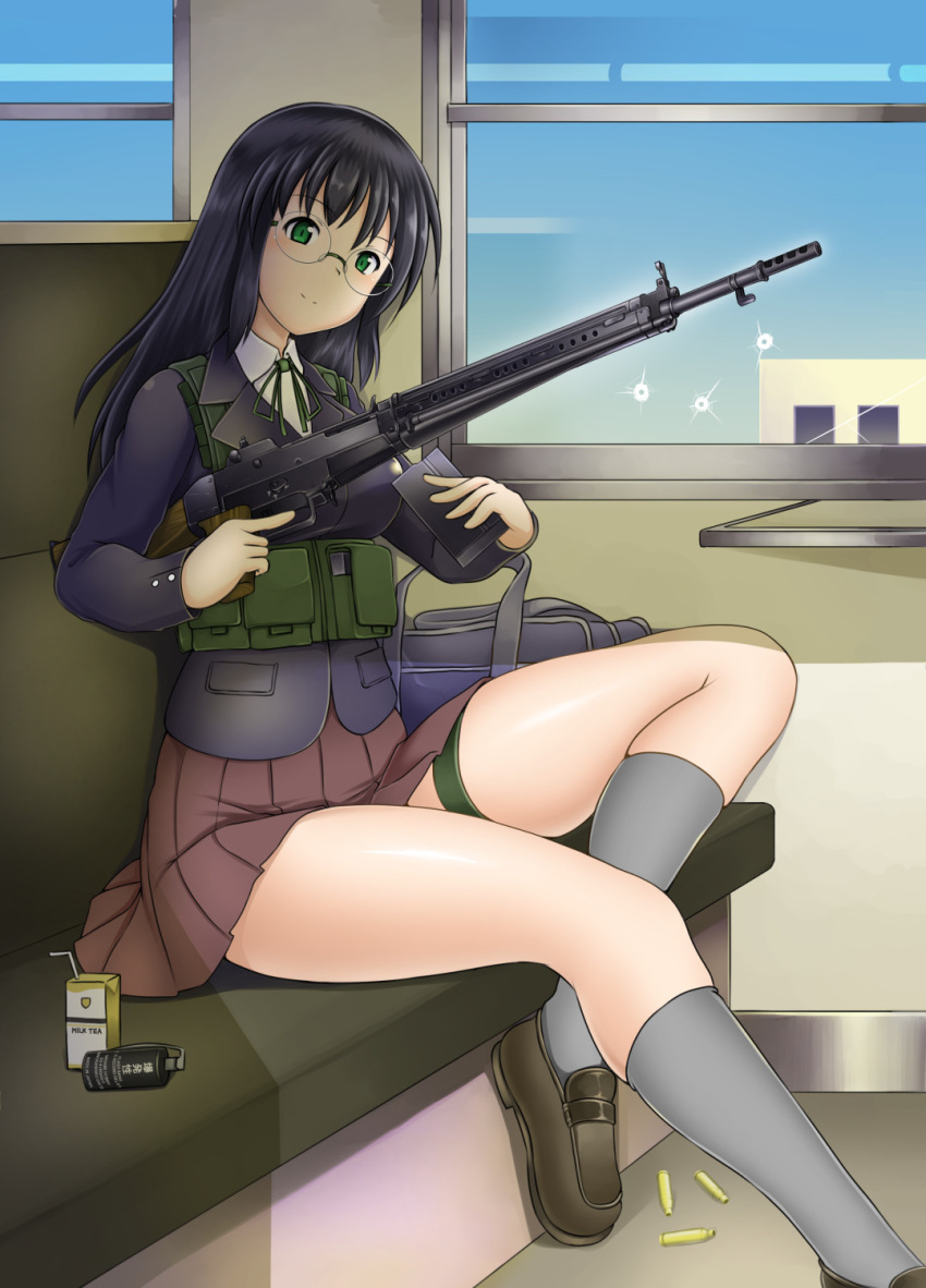 1girl, battle_rifle, black_hair, blush, brown_skirt, closed_mouth, dead_people, eyebrows_visible_through_hair, glasses, green_eyes, grey_legwear, gun, highres, holding, holding_gun, holding_weapon, howa_type_64, juice_box, kneehighs, long_hair, long_sleeves, looking_at_viewer, original, rifle, sitting, skirt, smile, solo, uniform, weapon