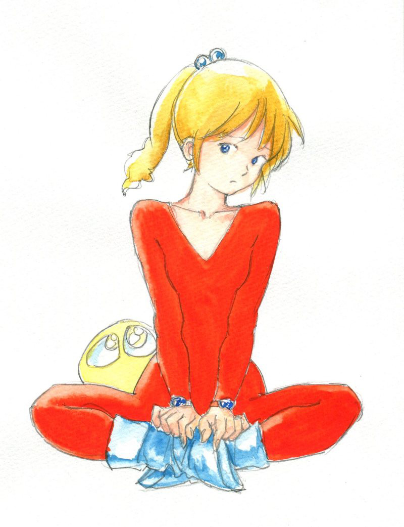 1girl, 80s, birth_(oav), blonde_hair, blue_eyes, bodysuit, boots, full_body