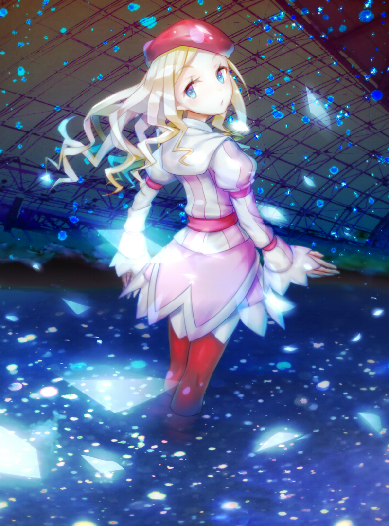 1girl, blonde_hair, blue_eyes, blush, crystal, eyebrows_visible_through_hair, fremea_seivelun, from_behind