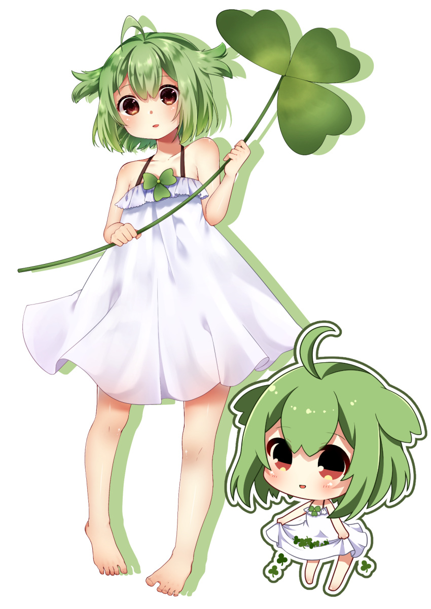1girl, ahoge, bare_arms, bare_shoulders, barefoot, blush, brown_eyes, chibi