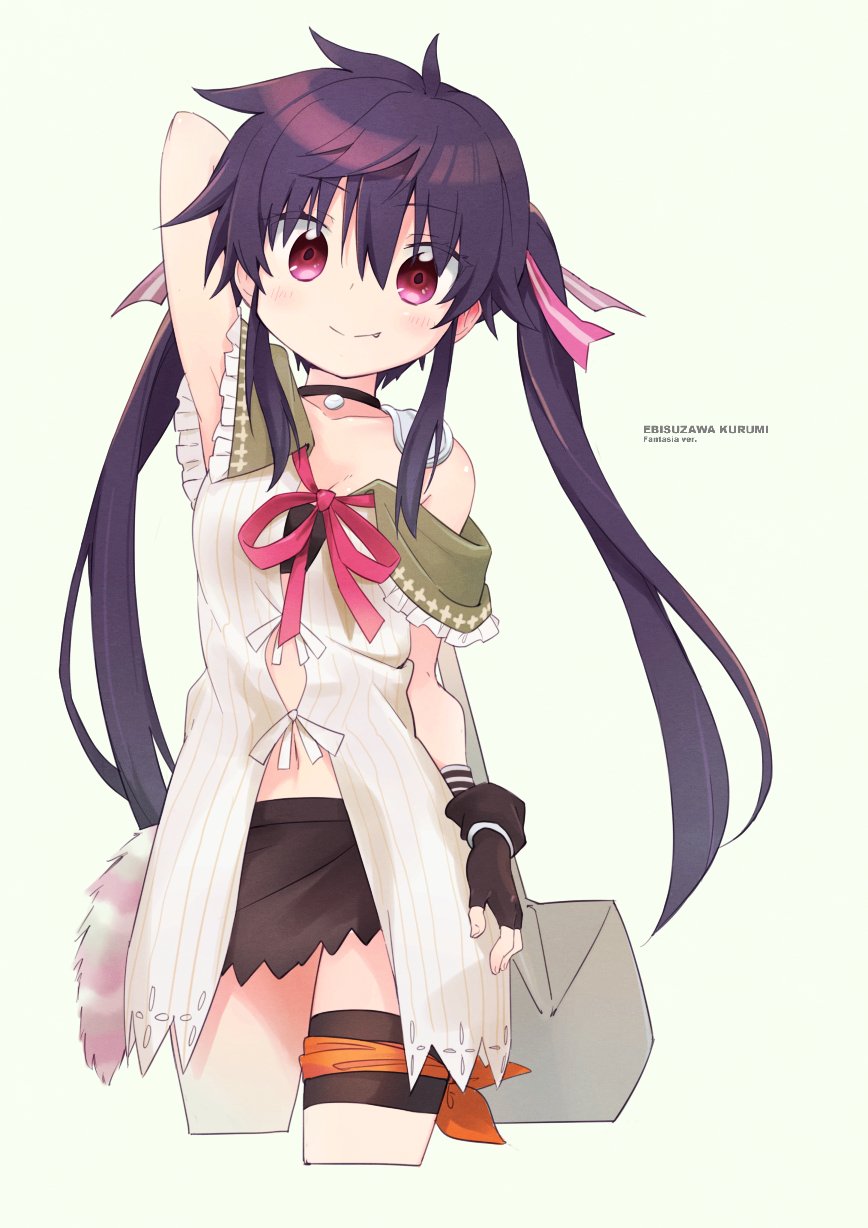 1girl, arm_behind_head, arm_up, black_gloves, blush, breasts, character_name, choker