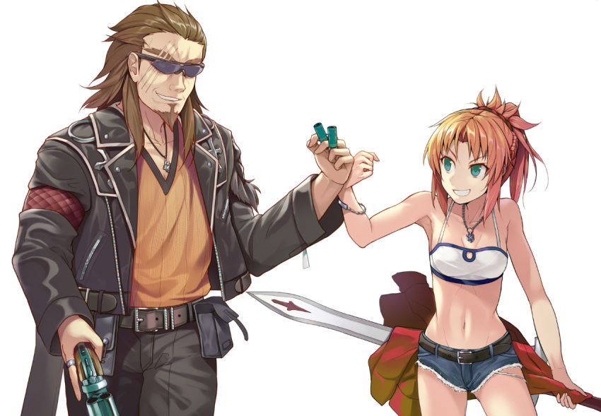 >:d, 1boy, 1girl, :d, brown_eyes, brown_hair, double_barrels, facial_hair