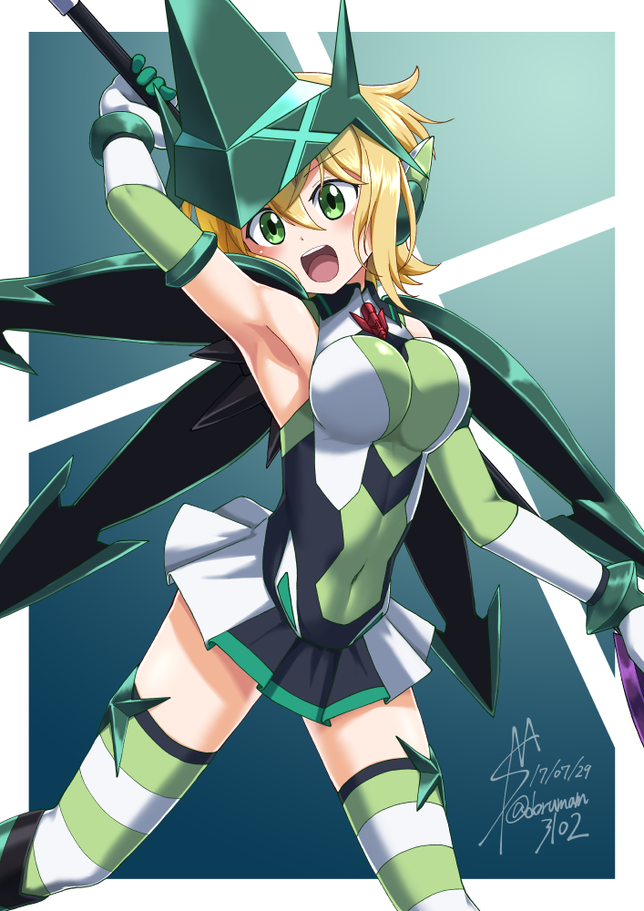 1girl, akatsuki_kirika, arm_up, armpits, artist_name, blonde_hair, blush, breasts