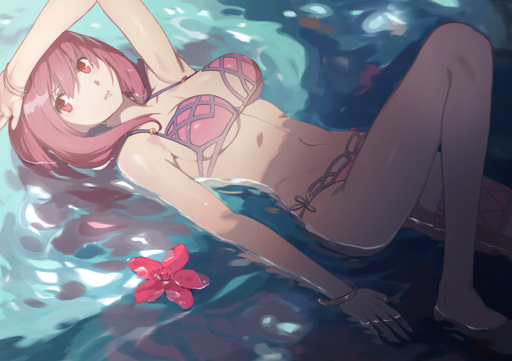 1girl, bikini, bracelet, breasts, cleavage, fate/grand_order, fate_(series), flower, jewelry, loki_(marvel), long_hair, looking_at_viewer, lying, navel, on_back, petals, purple_bikini, purple_hair, rano, red_eyes, scathach_(fate/grand_order), scathach_(swimsuit_assassin)_(fate), solo, swimsuit, water