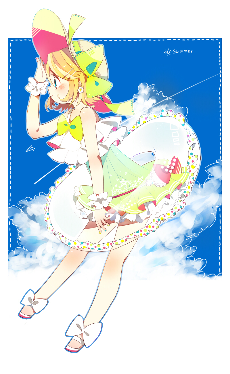 1girl, bare_legs, blonde_hair, blue_eyes, blue_sky, blush, bow, clouds