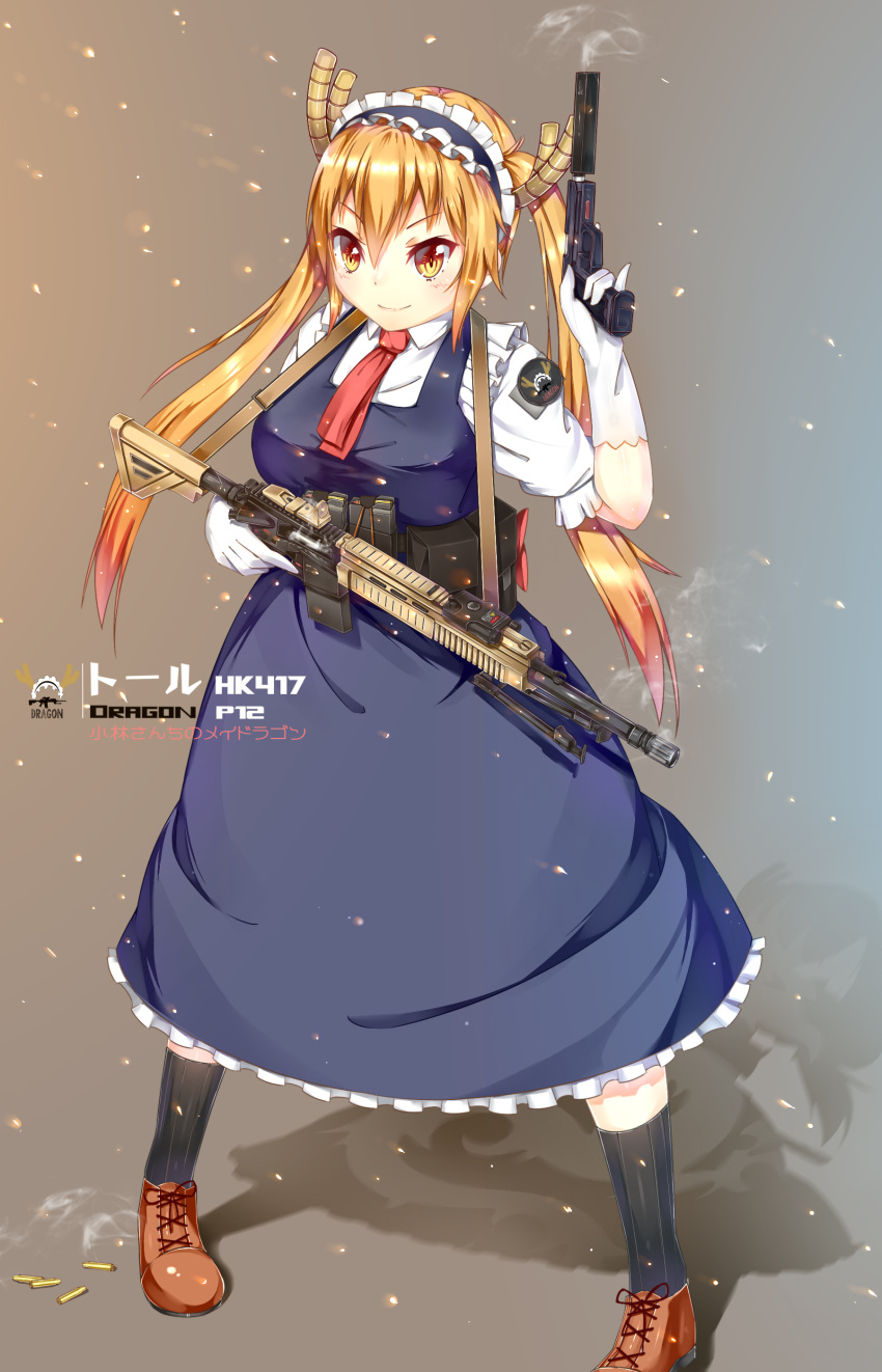 >:), 1girl, absurdres, antlers, apron, battle_rifle, black_legwear, blonde_hair