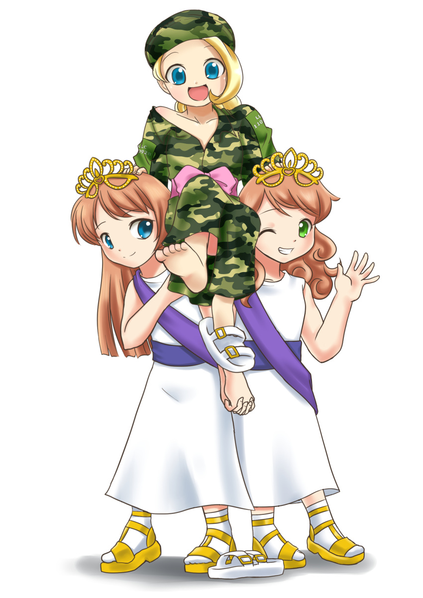 3girls, barefoot, blonde_hair, blue_eyes, camouflage, curly_hair, green_eyes, high_res